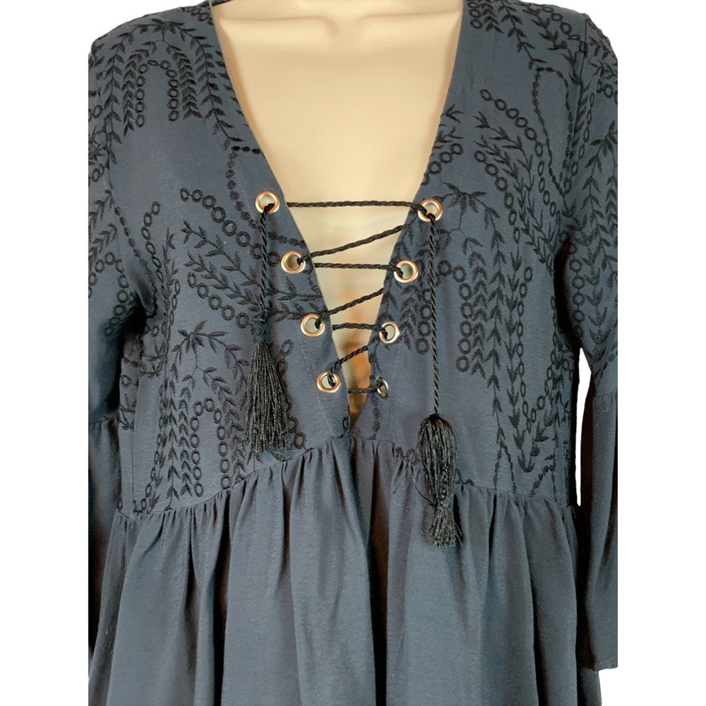 Flowers Of Romance Womens Blouse Black Bell Sleeve V Neck Tassel Embroidered XS - Picture 5 of 9